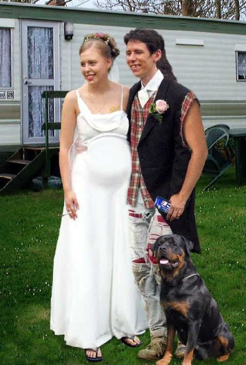 redneck pregnant bride smoker - shotgun wedding - trailer park trash couple - redneck couple - hillbilly couple