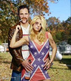 White trash couple at a trailer park with confederate flag tshirt -  Hillbilly couple - Confererate couple