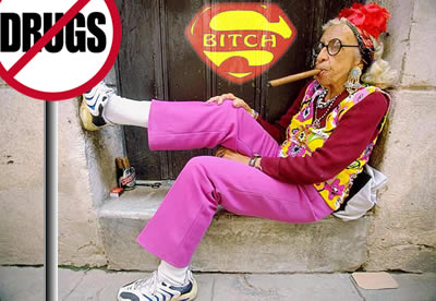 Flower child hippie granny smoking a cigar