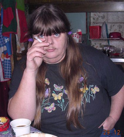 fat chubby girl with bangs smoking, chick with fringe smoking, girl with mustache, moustache smoking